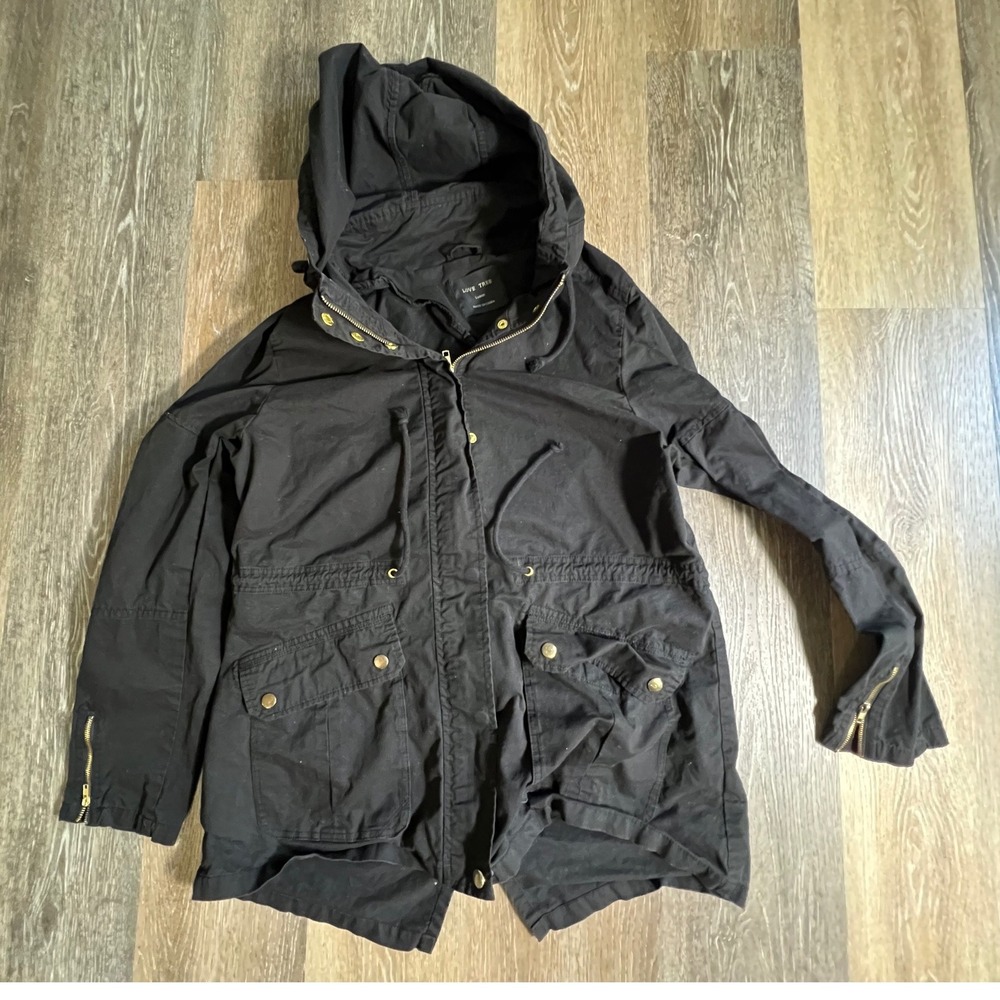 Love Tree Anorak Utility Jacket Womens Large Black Hooded Zip Up Military Parka